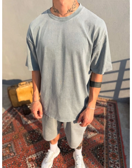 Açık Gri Asit Yıkamalı Oversize T-Shirt