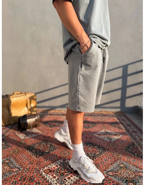 Açık Gri Asit Yıkamalı Şort