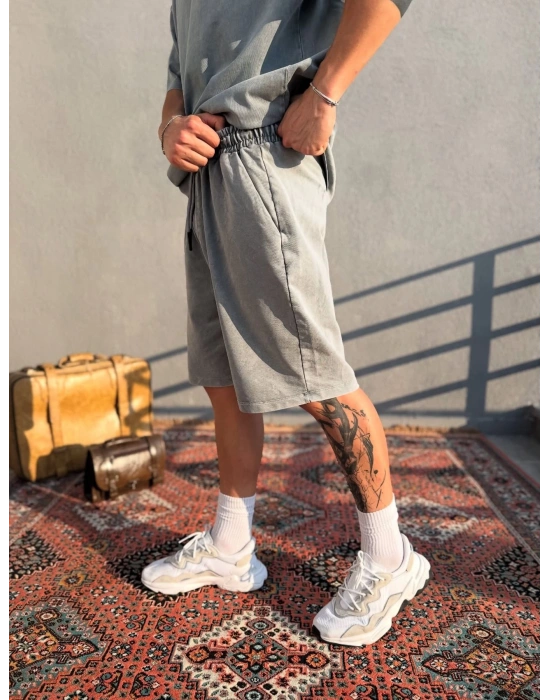 Açık Gri Asit Yıkamalı Şort