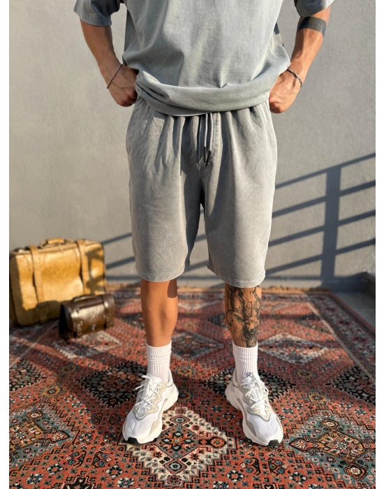 Açık Gri Asit Yıkamalı Şort