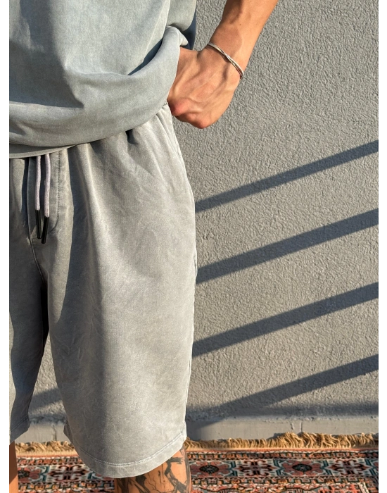 Açık Gri Asit Yıkamalı Şort