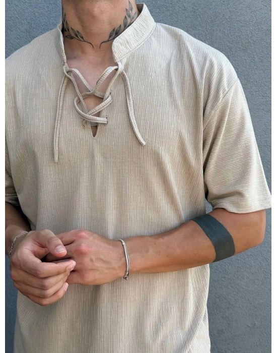 Bej İp Yaka Detay Jakar Kumaş T-Shirt