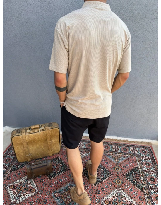 Bej İp Yaka Detay Jakar Kumaş T-Shirt