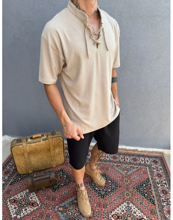 Bej İp Yaka Detay Jakar Kumaş T-Shirt