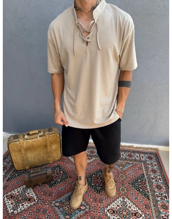 Bej İp Yaka Detay Jakar Kumaş T-Shirt