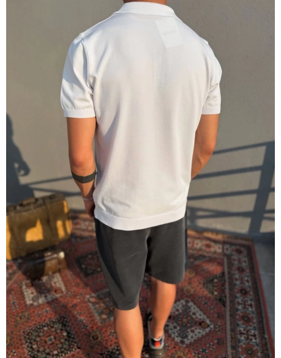 Beyaz Düğmeli Polo Yaka Triko T-Shirt