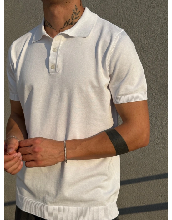 Beyaz Düğmeli Polo Yaka Triko T-Shirt