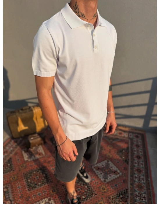 Beyaz Düğmeli Polo Yaka Triko T-Shirt