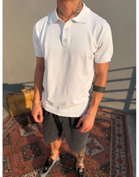 Beyaz Düğmeli Polo Yaka Triko T-Shirt