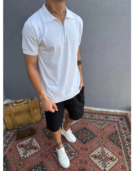 Beyaz Fermuarlı Polo Yaka T-Shirt