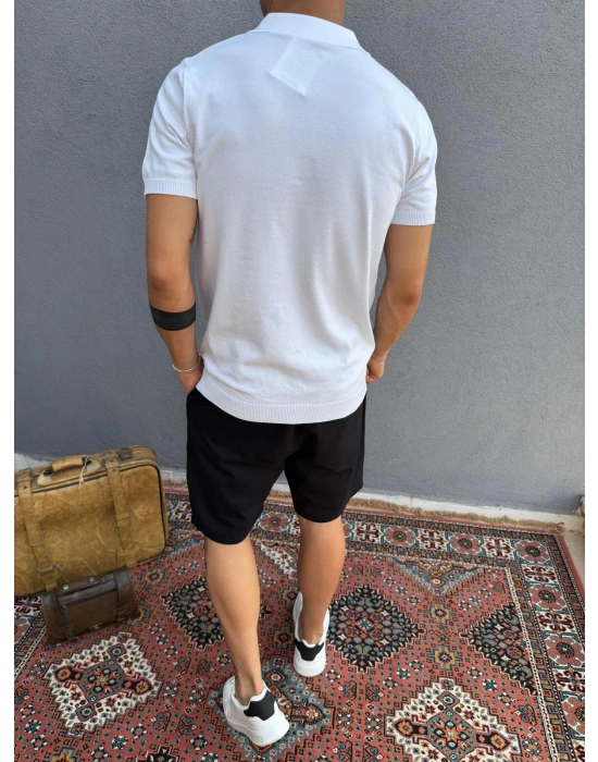 Beyaz Fermuarlı Polo Yaka T-Shirt