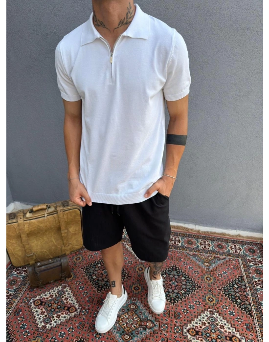 Beyaz Fermuarlı Polo Yaka T-Shirt