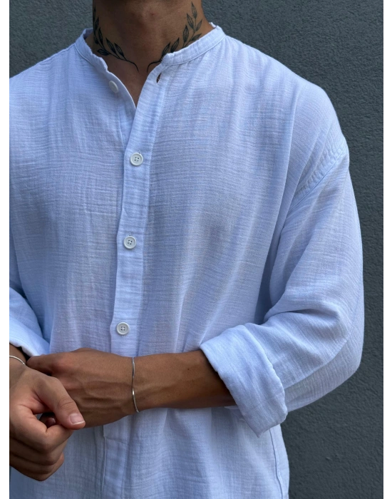 Beyaz Hakim Yaka Yarım Oversize Keten Gömlek
