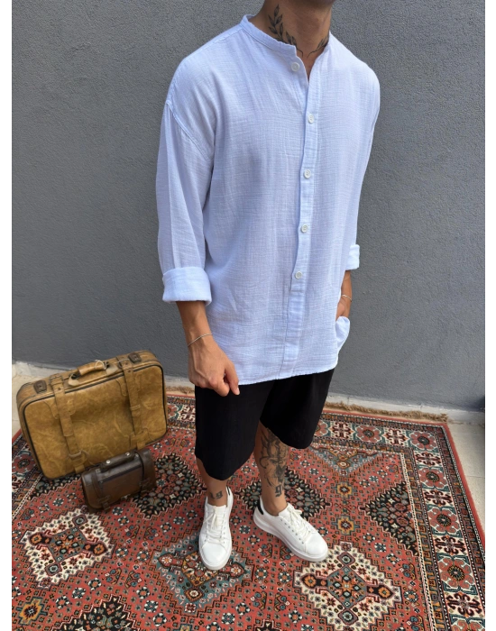 Beyaz Hakim Yaka Yarım Oversize Keten Gömlek