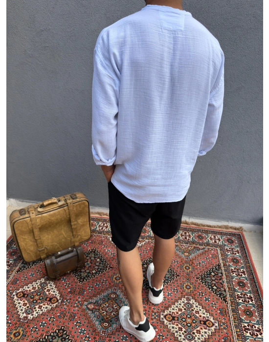Beyaz Hakim Yaka Yarım Oversize Keten Gömlek