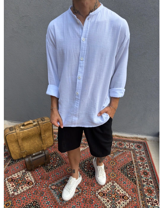 Beyaz Hakim Yaka Yarım Oversize Keten Gömlek