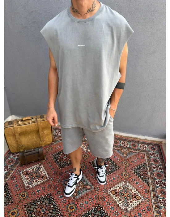 Gri Asit Yıkamalı Kolsuz T-Shirt