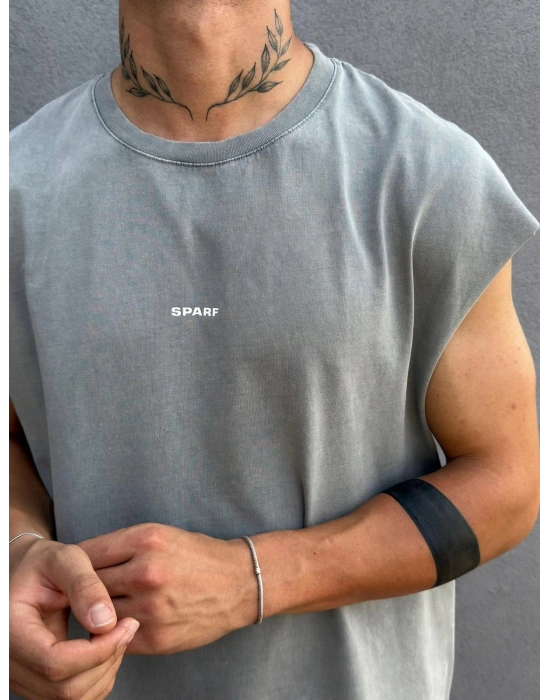 Gri Asit Yıkamalı Kolsuz T-Shirt