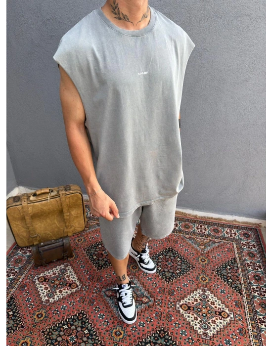 Gri Asit Yıkamalı Kolsuz T-Shirt