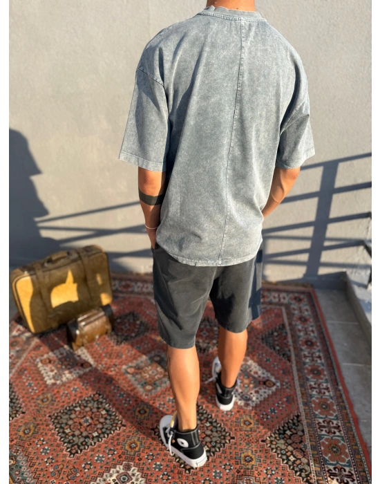 Gri Yıkamalı Sırt Detaylı Oversize T-Shirt