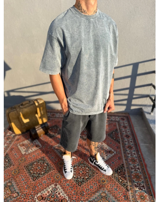 Gri Yıkamalı Sırt Detaylı Oversize T-Shirt