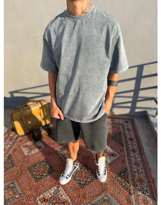Gri Yıkamalı Sırt Detaylı Oversize T-Shirt