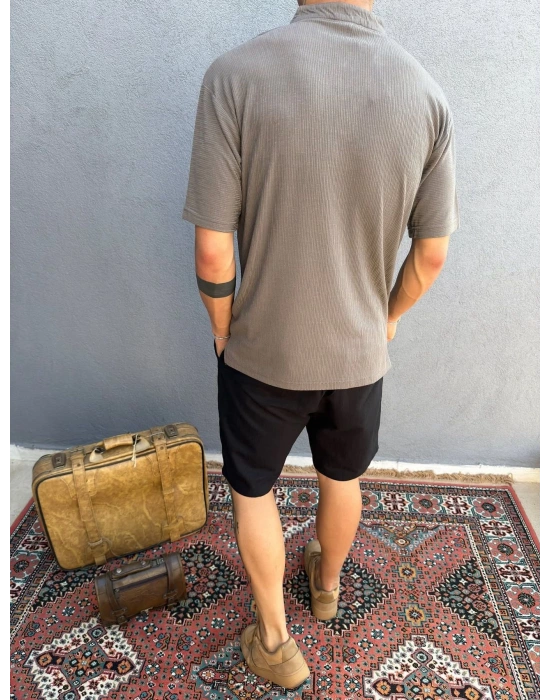 Kahve İp Yaka Detay Jakar Kumaş T-Shirt