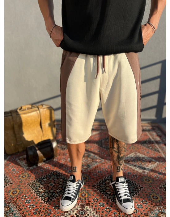 Kahve-Krem Doubleface Kumaş Şort