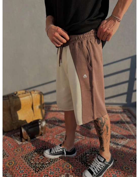 Kahve-Krem Doubleface Kumaş Şort