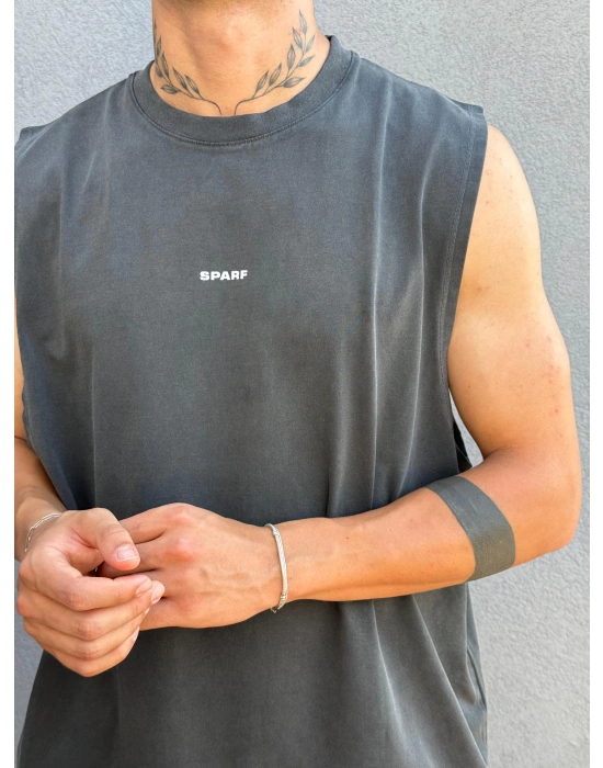 Koyu Gri Asit Yıkamalı Kolsuz T-Shirt