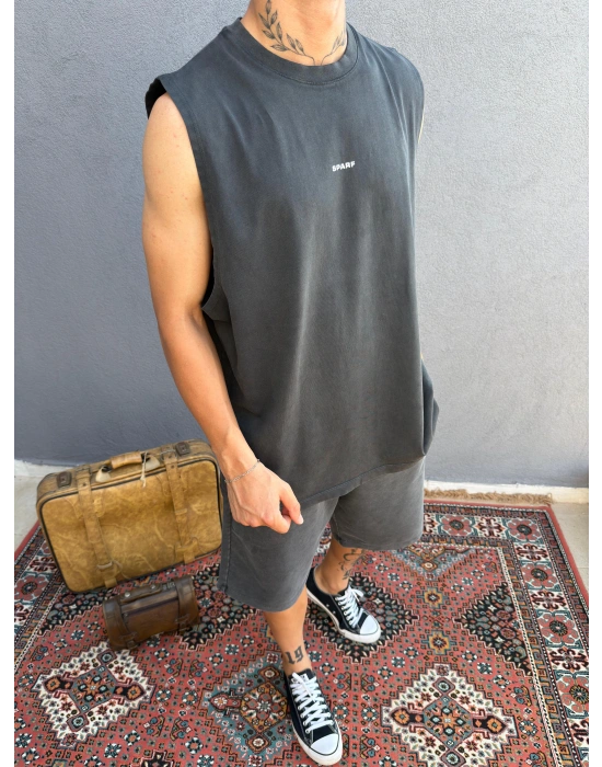 Koyu Gri Asit Yıkamalı Kolsuz T-Shirt