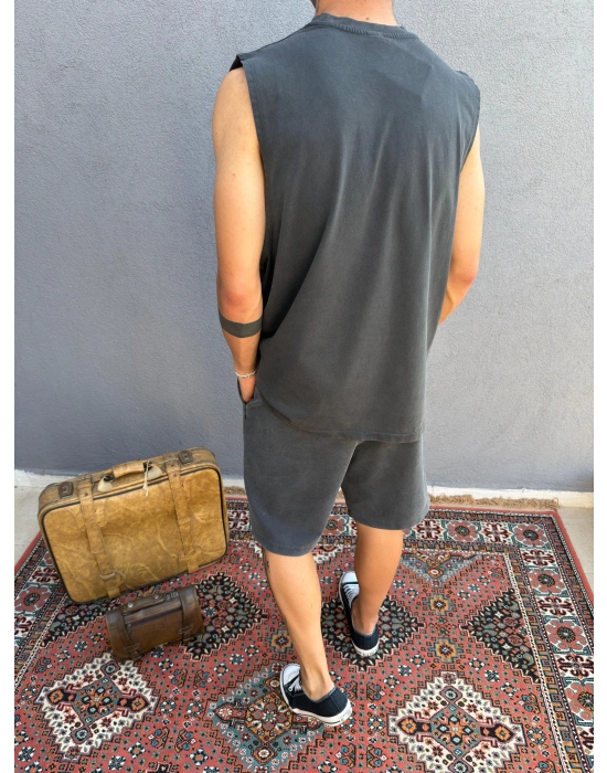 Koyu Gri Asit Yıkamalı Kolsuz T-Shirt