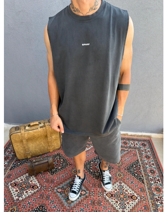 Koyu Gri Asit Yıkamalı Kolsuz T-Shirt