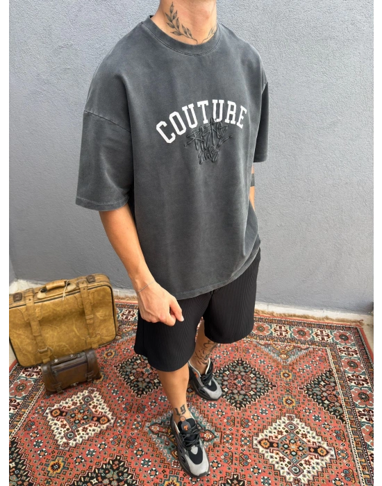 Koyu Gri Asit Yıkamalı Nakış Detaylı Oversize T-Shirt