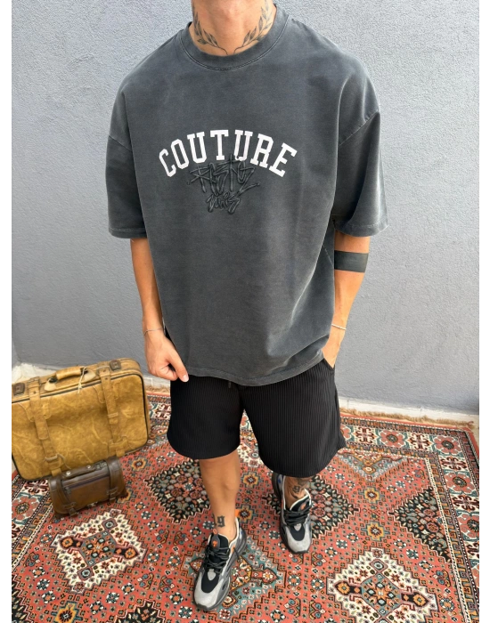 Koyu Gri Asit Yıkamalı Nakış Detaylı Oversize T-Shirt
