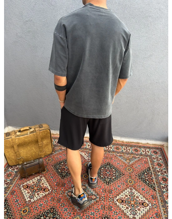 Koyu Gri Asit Yıkamalı Nakış Detaylı Oversize T-Shirt