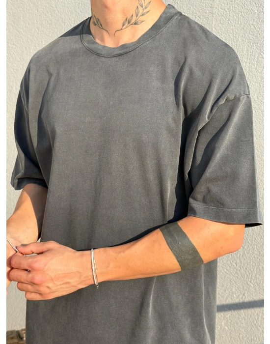 Koyu Gri Asit Yıkamalı Oversize T-Shirt