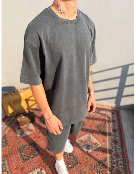 Koyu Gri Asit Yıkamalı Oversize T-Shirt