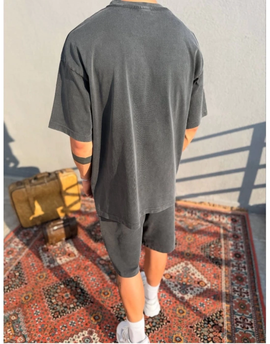 Koyu Gri Asit Yıkamalı Oversize T-Shirt