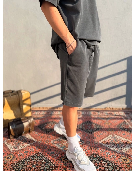 Koyu Gri Asit Yıkamalı Şort