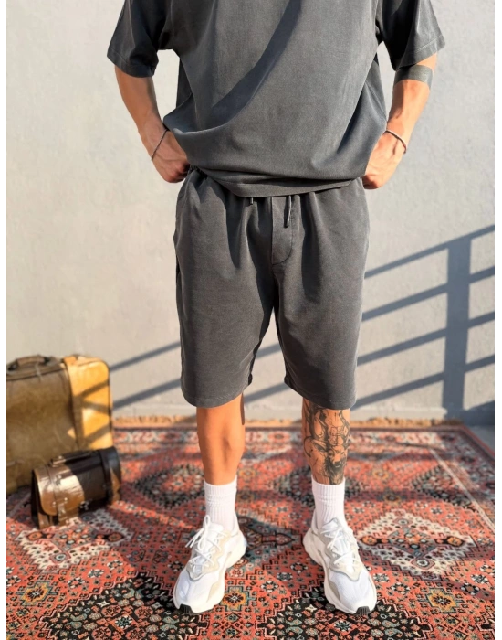 Koyu Gri Asit Yıkamalı Şort