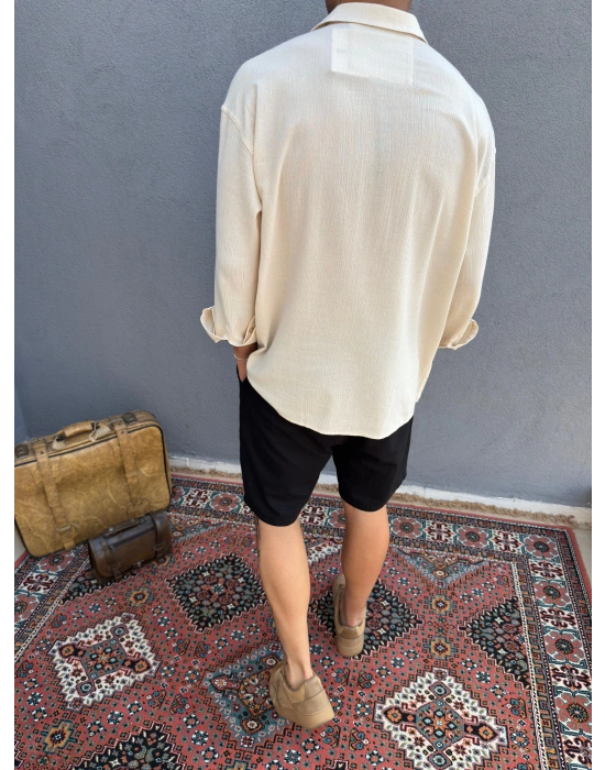 Krem Krinkıl Keten Gömlek