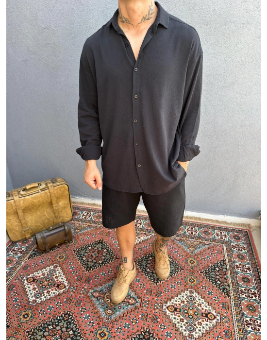 Siyah Krinkıl Keten Gömlek