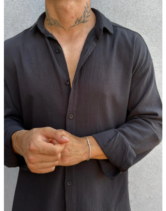 Siyah Krinkıl Keten Gömlek