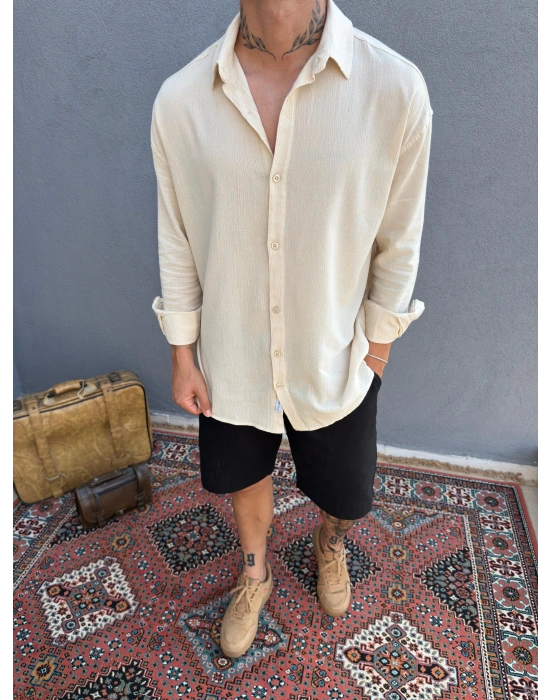 Krem Krinkıl Keten Gömlek