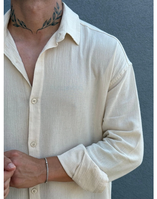 Krem Krinkıl Keten Gömlek