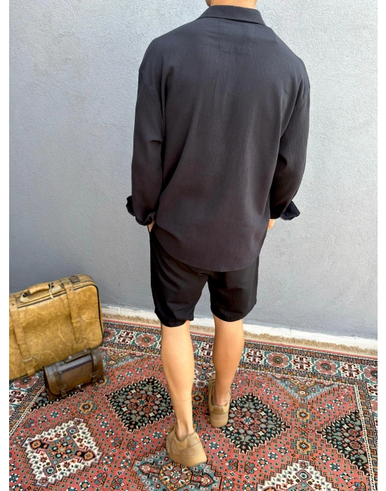 Siyah Krinkıl Keten Gömlek