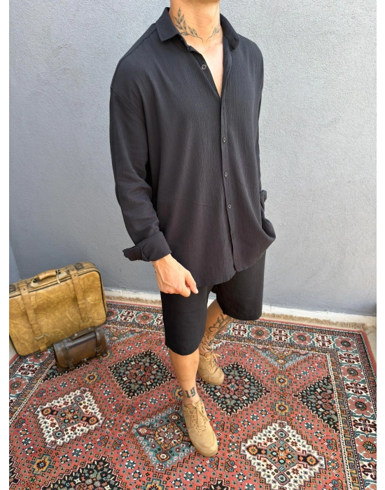 Siyah Krinkıl Keten Gömlek