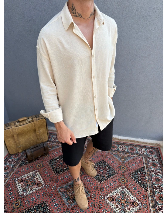 Krem Krinkıl Keten Gömlek