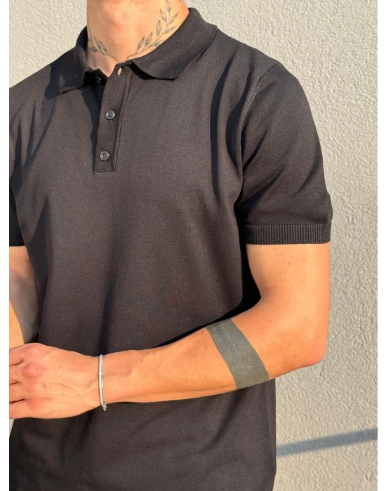Siyah Düğmeli Polo Yaka Triko T-Shirt